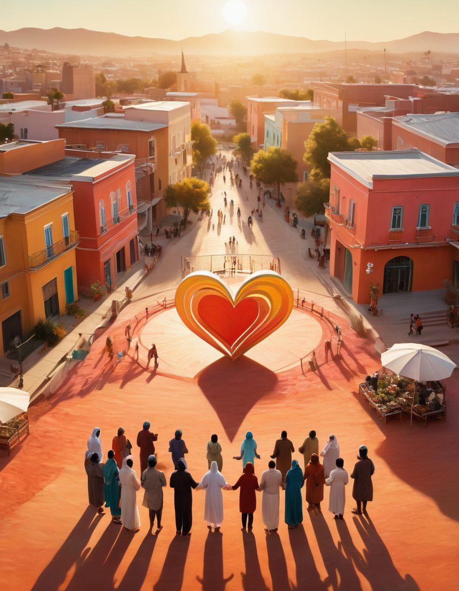 A serene landscape featuring a diverse group of people gathered around a large heart symbol, representing unity. In the background, a blend of religious buildings and modern security structures symbolizes the fusion of faith and safety. Soft sunlight bathes the scene, highlighting joy and hope. The atmosphere is warm and inviting, emphasizing community welfare. vibrant colors. painting.