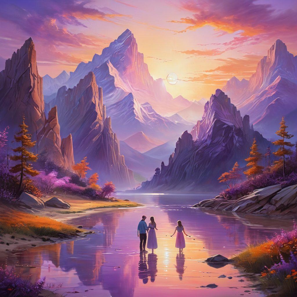 A serene landscape showcasing a diverse group of people sharing compassionate moments, with vibrant energy radiating from their interactions. Illustrate symbols of assurance like open hands, hearts, and soft light illuminating the scene, representing transformation and unity. The backdrop features majestic mountains and a colorful sunset to evoke tranquility. Include subtle ethereal elements to suggest spirituality. surrealist art. vibrant colors. soft focus.