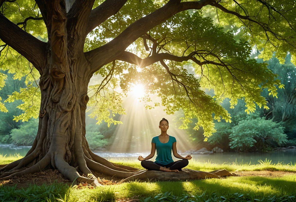 A serene scene depicting a person meditating under a tree, surrounded by symbols of protection like a shield and a heart, representing insurance coverage and compassion. Soft rays of sunlight filter through the leaves, creating a warm and inviting atmosphere. In the background, abstract representations of various insurance benefits flow like a gentle river. The colors are calming with soft greens, blues, and warm gold hues. super-realistic. vibrant colors.